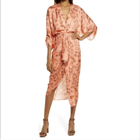 Significant Other Tropical Print Sunset Satin Midi Dress Draped Plunging - Picture 8 of 14